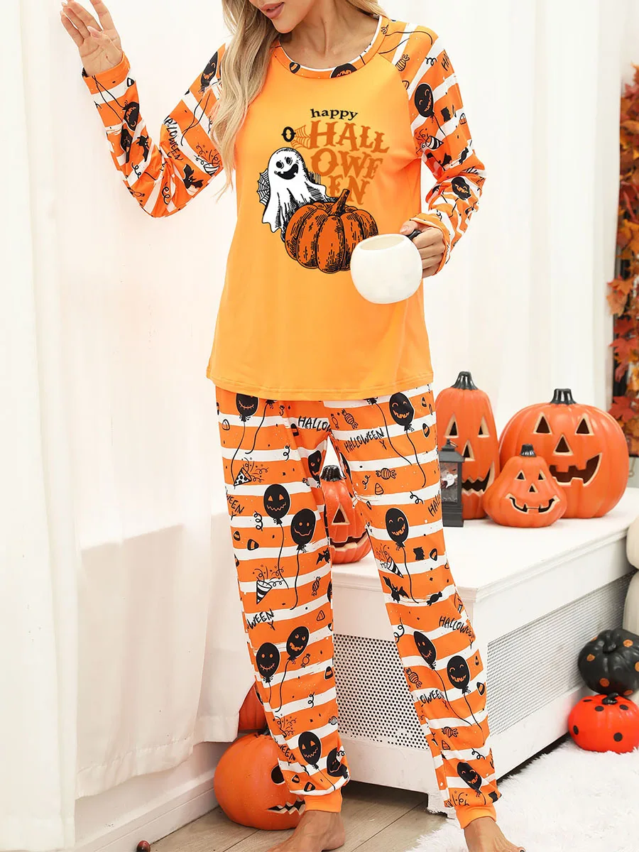 Женский пижамный комплект на Хэллоуин Топ с длинным рукавом и круглым вырезом