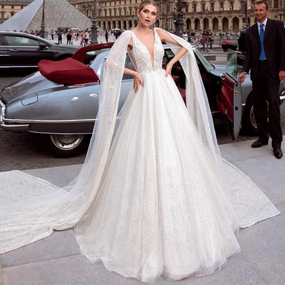 

Darla Deep V-Neck Wedding Dress With Detachable Shawl Backless Bridal Gown Tulle Sparkle A-Line Lace Appliques Vestido De Noiva