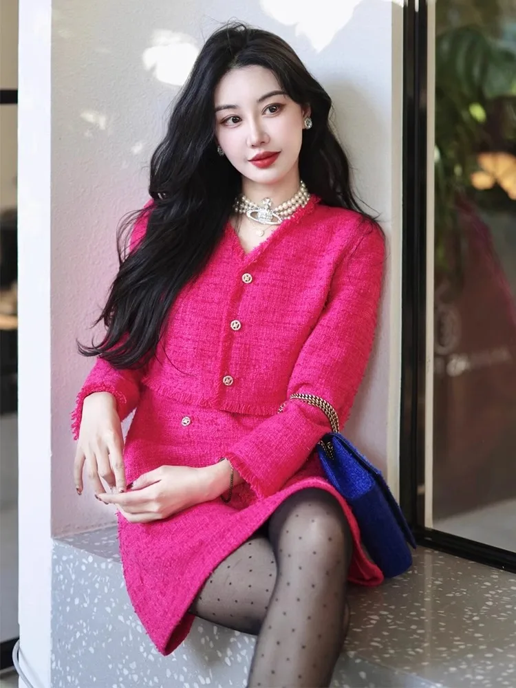 Plus Size Small Dress Socialite Temperament Women clothes High Sense High end Exquisite Rose Red Fake Two Pieces Graceful Dre...