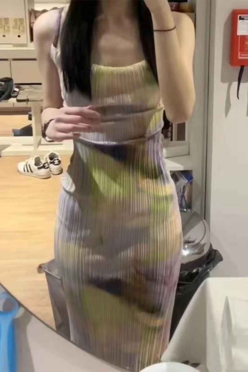 

Женское плиссированное платье макси, Элегантное летнее платье с принтом, тонкая кофта на бретельках с открытой спиной и принтом, женская ве...