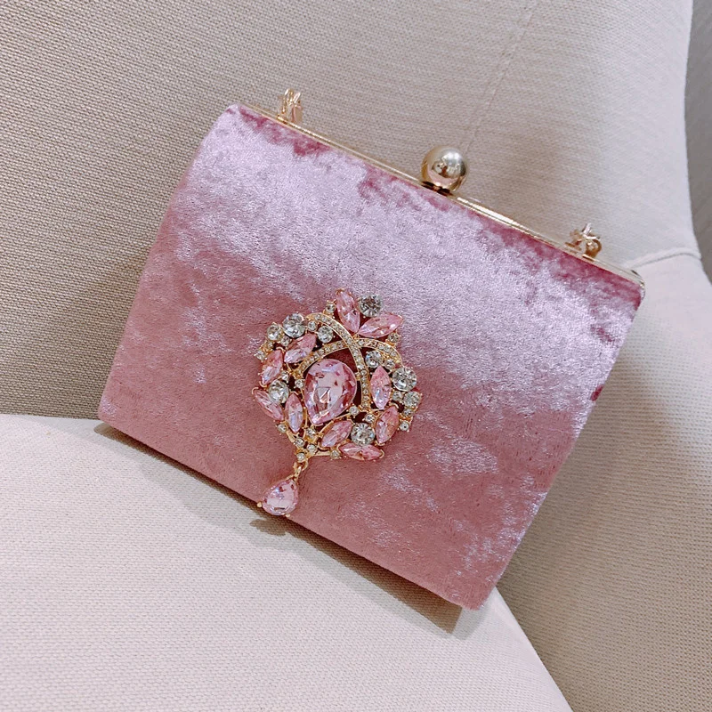 

New Luxury Design Boxed Evening Bag Velvet Retro Square Handbag Female Diamond Clutch Bag Gold Wedding Party Purse Drop Shipping