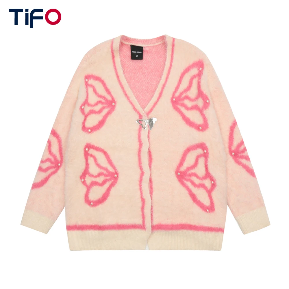 

Autumn Loose Beaded Knitted Sweater Women Casual Long Sleeve V-neck Dopamine Jacquard Outerwear