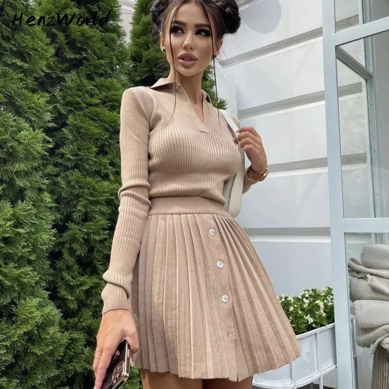 

HenzWorld Fashion Knitted Sweaters Top And Pleated Skirts 2 Piece Sets For Women Long Sleeves Pleat Skirts Autumn Winter Set
