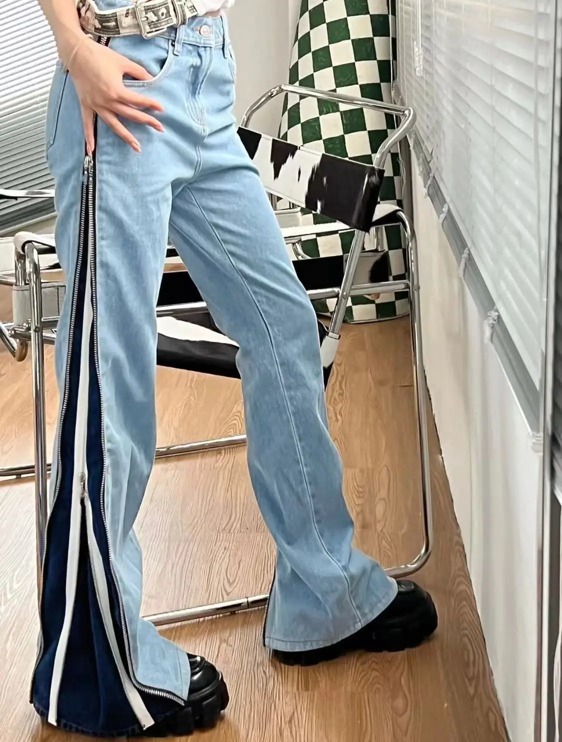 

Winter New Design Double Zipper Washed Blue Casual Denim Trousers Y2k Loose Wide Leg Jeans Pants For Women Clothes All Season S