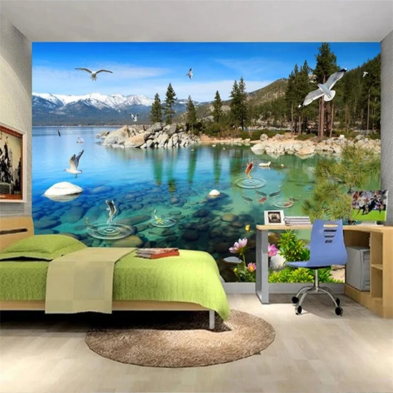 Customize High-definition natural lake scenery background mural decorative painting custom large green Self Adhesive wallpaper |