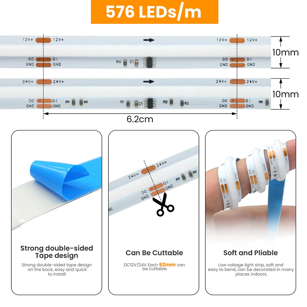 Фото 12 В 24 В WS2811 RGB COB Светодиодная лента Радуга Dream Color 576LED/M Ультра яркая гибкая лампа Подсветка телевизора Декор 0,5 м 1 м 5 м №4