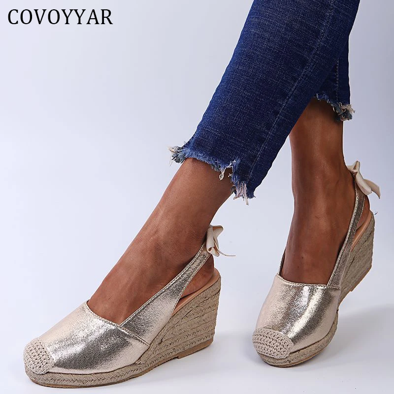 

COVOYYAR 2022 Glitter Women Sandals Wedge Slingback Golden Summer Shoes for Woman Plus Size 43 Pumps Sexy High Heels WHH327