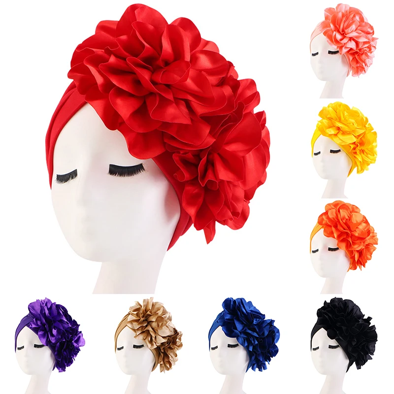 

Chemo Cap Big Flower Bonnet Turbans Cap Muslim Hat Fashion Oversized Flower Women African Ethnic Hat Female Stretch Cloth Turban