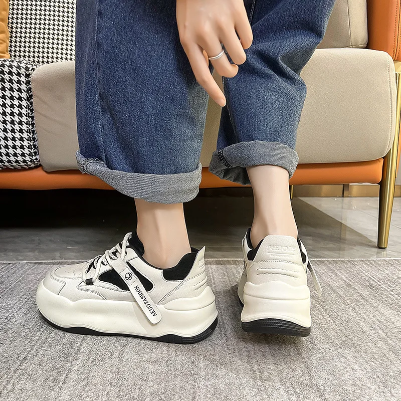 Autuspin 5cm Flat Platform Skateboard Shoes Women Fashion Round Toe Genuine Leather Females Vulcanized Sneakers Casual Size 39