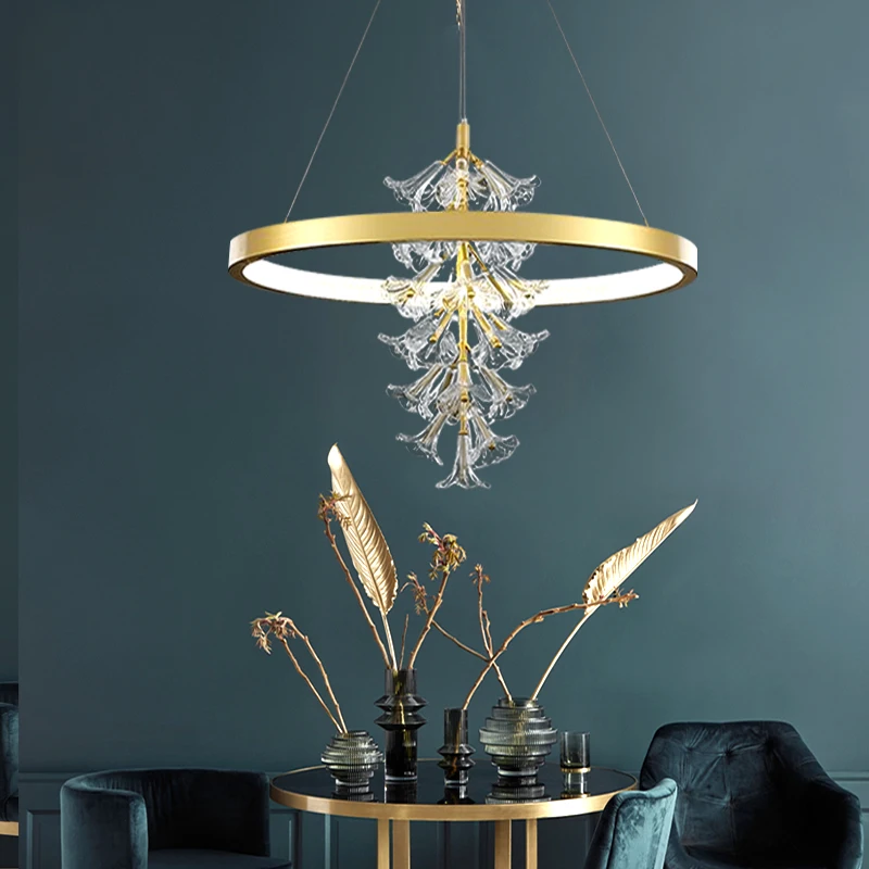 

Led Art Chandelier Pendant Lamp Light Modern Glass Flowers Lighting Living Dining Room Home Decor Gold Ring Hanging Luminaire