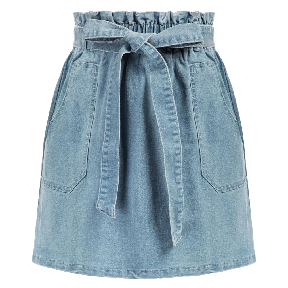 

KK Women Denim Skirt With Belt Casual Fashion Young Girls Elastic Waist A-Line Mini Skirt With Pocket High Waist Harajuku Skirts