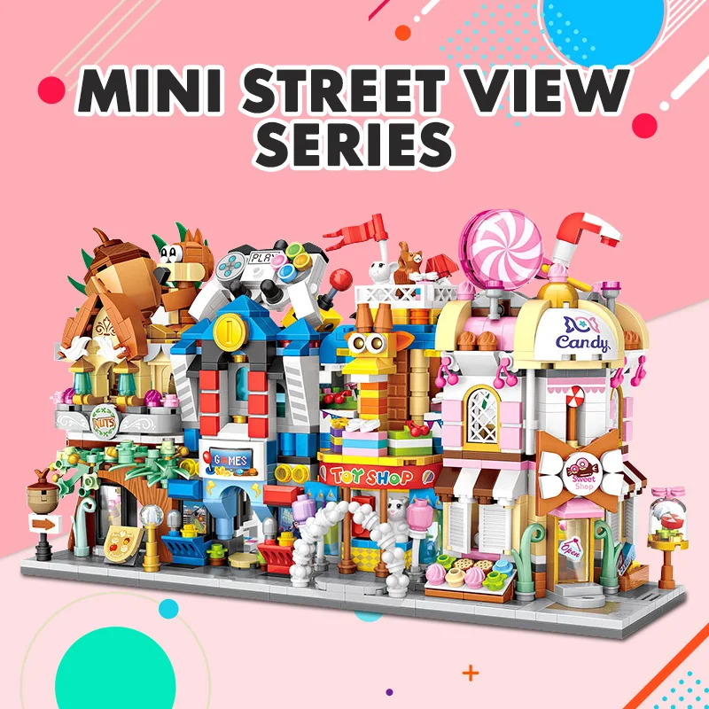 

MOC Mini Blocks City View Scene Cinema Retail Store Candy Shop Architectures Models Building Blocks Christmas Toy for Children