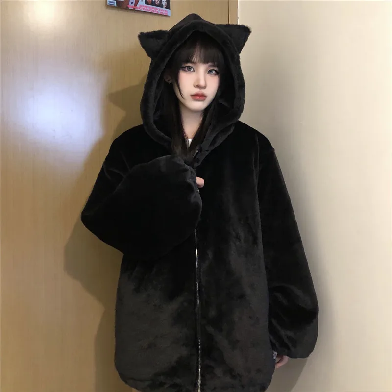 

Autumn and winter new vintage loose black lovely hooded plush coat women