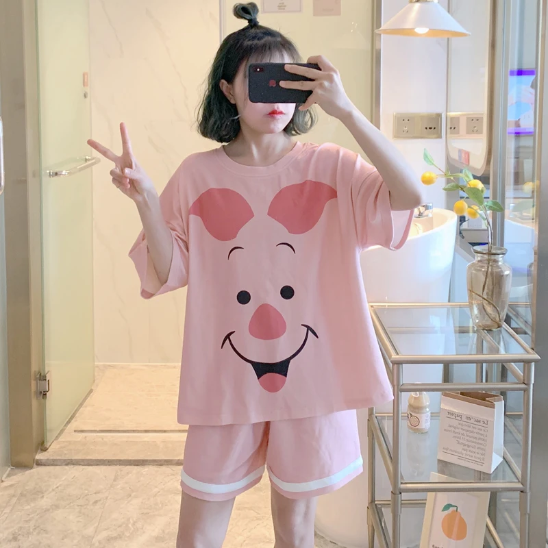 Summer Woman Pajama Set Short Sleeve Tops Japan Anime Piglet Cartoon Nightwear Leisure Wear Home Clothes Ins Pink Girls Pyjama
