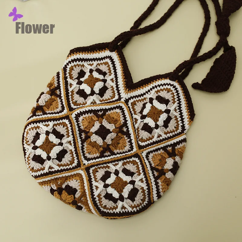 

Handmade Crocheted Women Bag Brown Knitting Woolen Yarn Single Shoulder Bag Ethnic Style Messenger Bag for Beautiful Girls Gifts