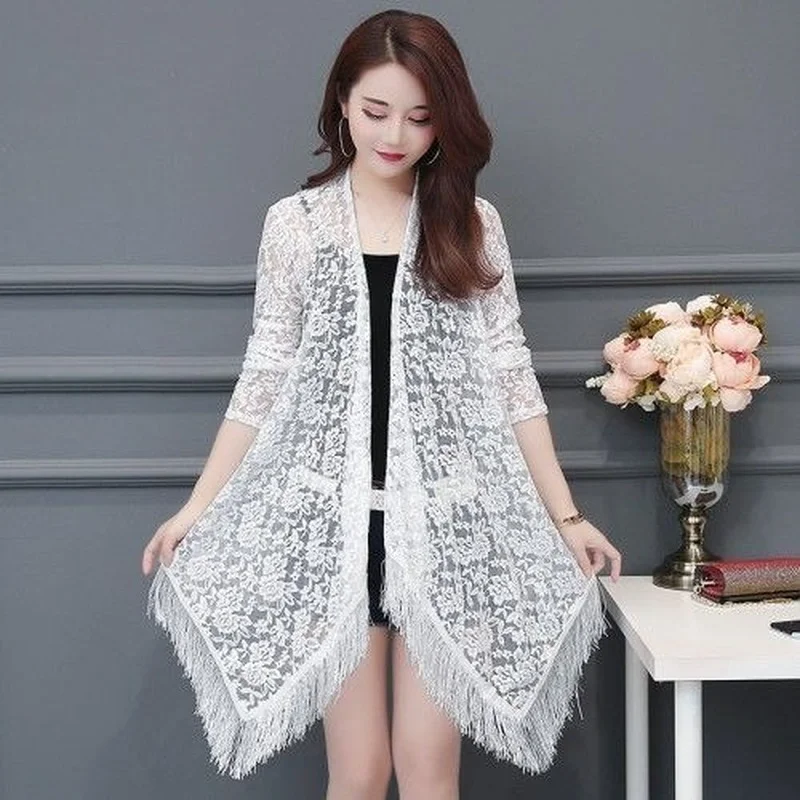 

Women Spring Summer Hollow Lace Cardigan Sun Protection Clothing Boho Tops Beach Sunscreen Outwear Casual Long Sleeve Coat E147