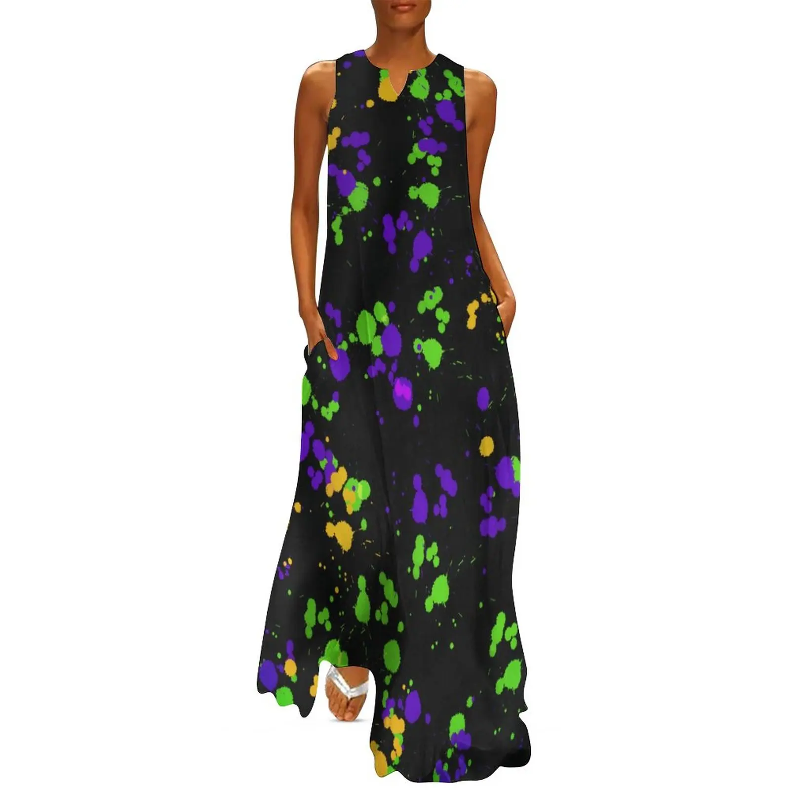 

Blue Yellow Paint Splatter Dress Colorful Print Party Maxi Dress Street Fashion Bohemia Long Dresses V Neck Clothes Large Size