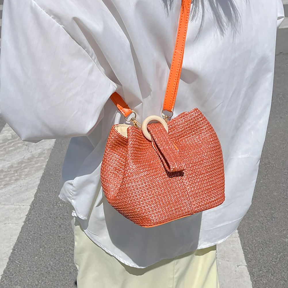 

Women Straw Shoulder Bucket Bag Summer Handmade Woven Shopping Purse Beach Handbags Travel Buckles Crossbody Bags
