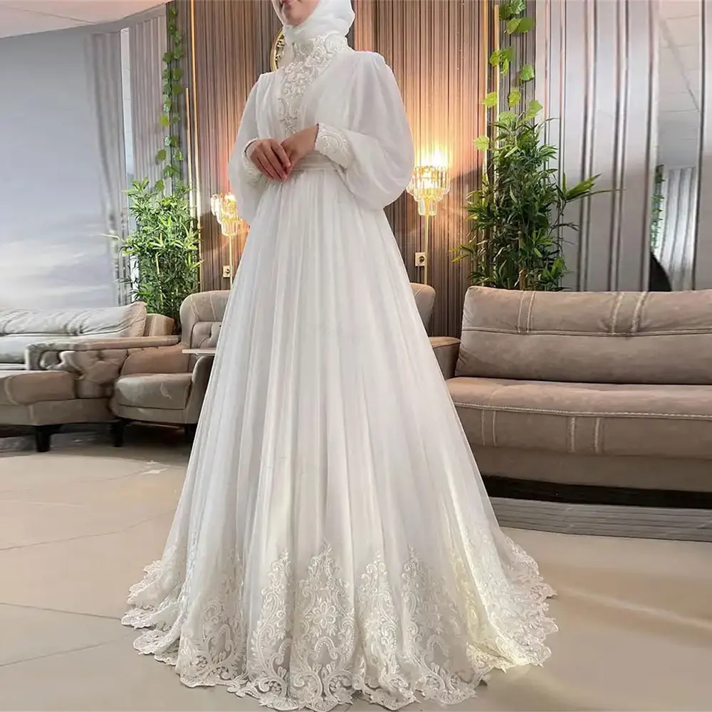 

Elegant White Evening Gowns Muslim Women Long Sleeves Lace High Collar Wedding Dresses Applique Beading Arab Bride Party Dress