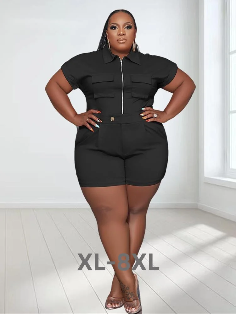 Plus Size 2 Piece Set Women Solid Zipper Tops and Shorts Pants Pockets Leggings Fashion Matching 3xl 4xl 5xl 6xl