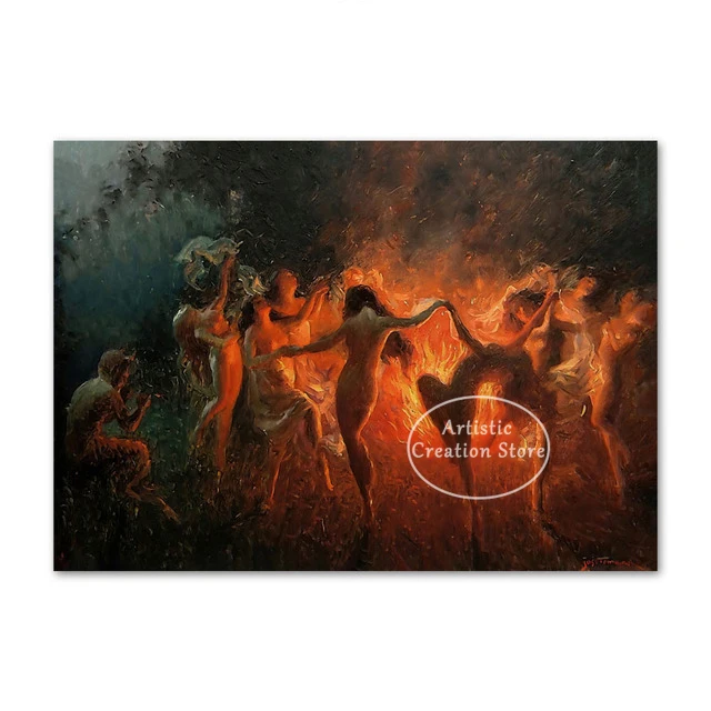 

Винтажный оккультный постер ведьмы, танец огня