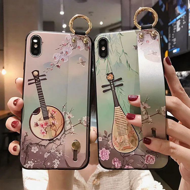 

Chinese Style Pipa Painted Relief Sculpture Phone Case for IPhone 11 12 13 Pro X Xr Xs Max 8 Plus Wrist Strap Holder Back Cover