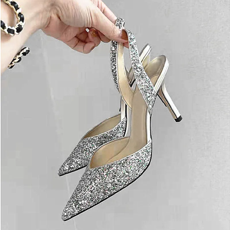 Women's High Heel Sandals 2023 Spring/Summer New Fashion Banquet Sequins Pointed Thin Heel Shallow Mouth Single Shoe