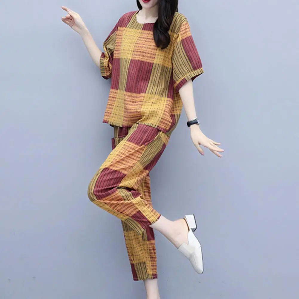 

2 Pcs/Set Great Soft Women Top Pants Set Summer Mother Set Mid Waist Loose