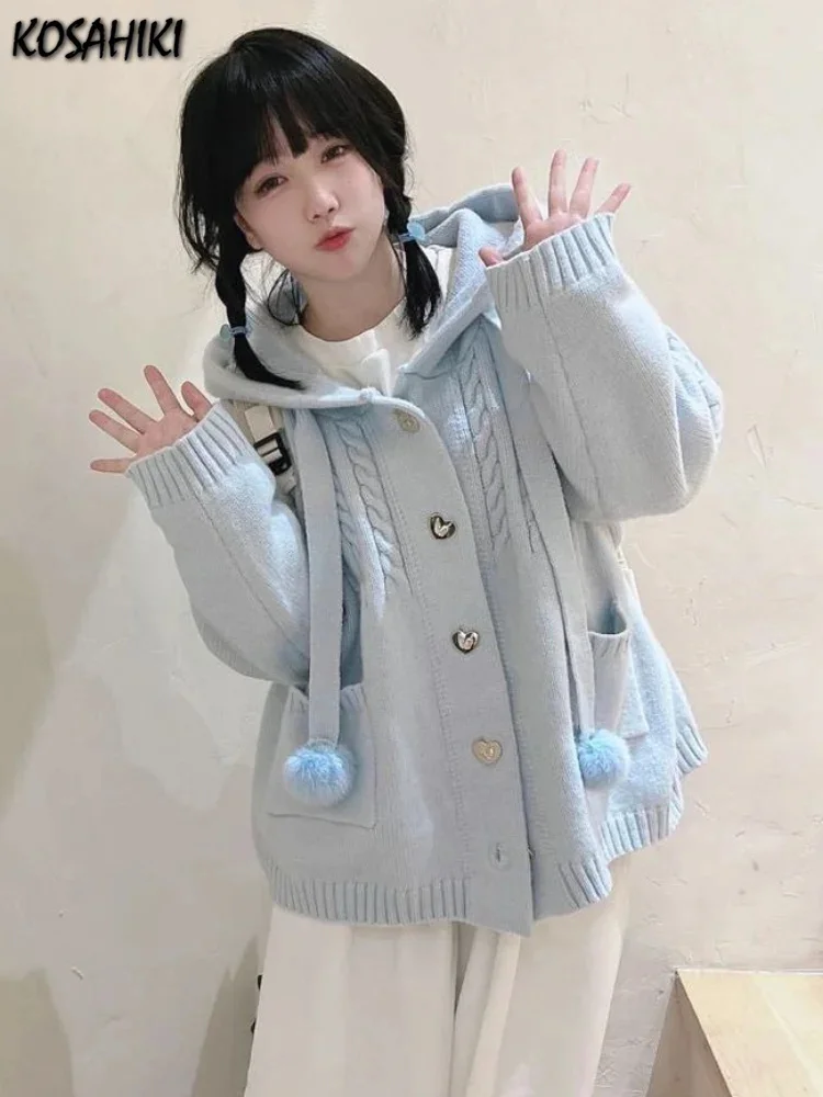 

Japanese Kawaii Button Knitted Cardigan Women Blue Kardigan Damski Harajuku Cute Girl Hoody Sweater Jackets Y2k Coat