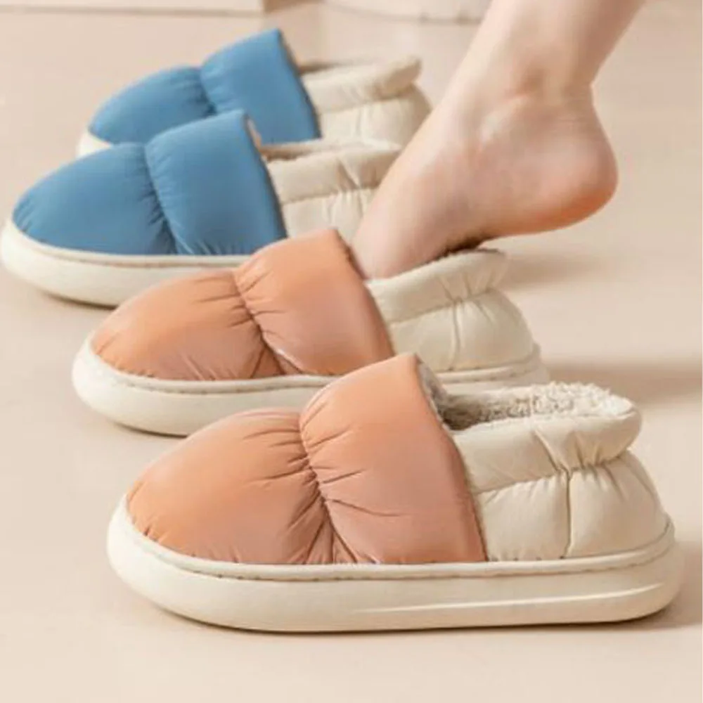 

Winter Waterproof Down Slippers Women Toast Bread Shoes Outside Indoor Home Shoes Men Warm Plush Thick Sole Non Slip Cotton Shoe