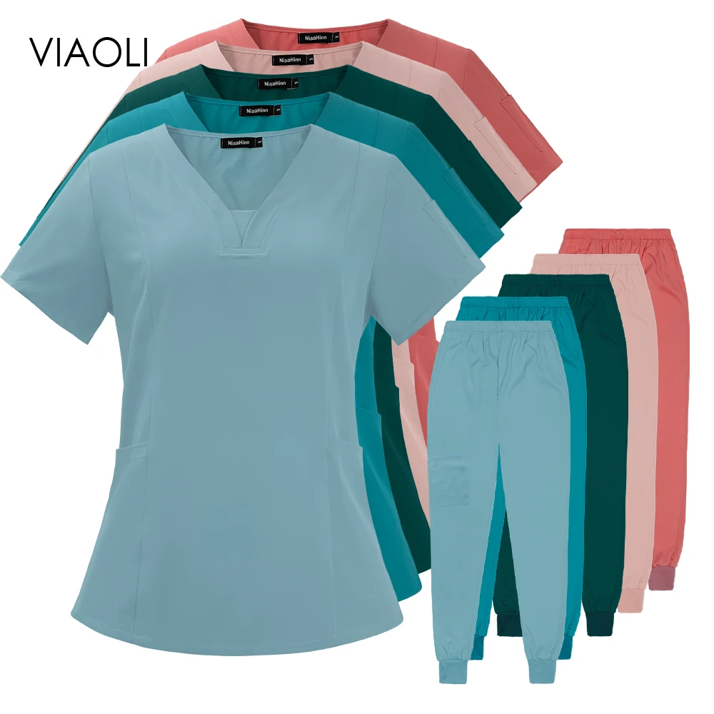 

Medical Uniform New Nursing Workwear Top and Jogger Pant Women Men Solid Color Chlorine Bleach Resistance Heathered Working Suit