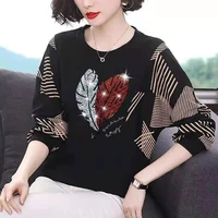 vintage printed striped diamonds batwing sleeve tee shirt 2022 autumn new casual pullovers tops oversized loose woman tshirts