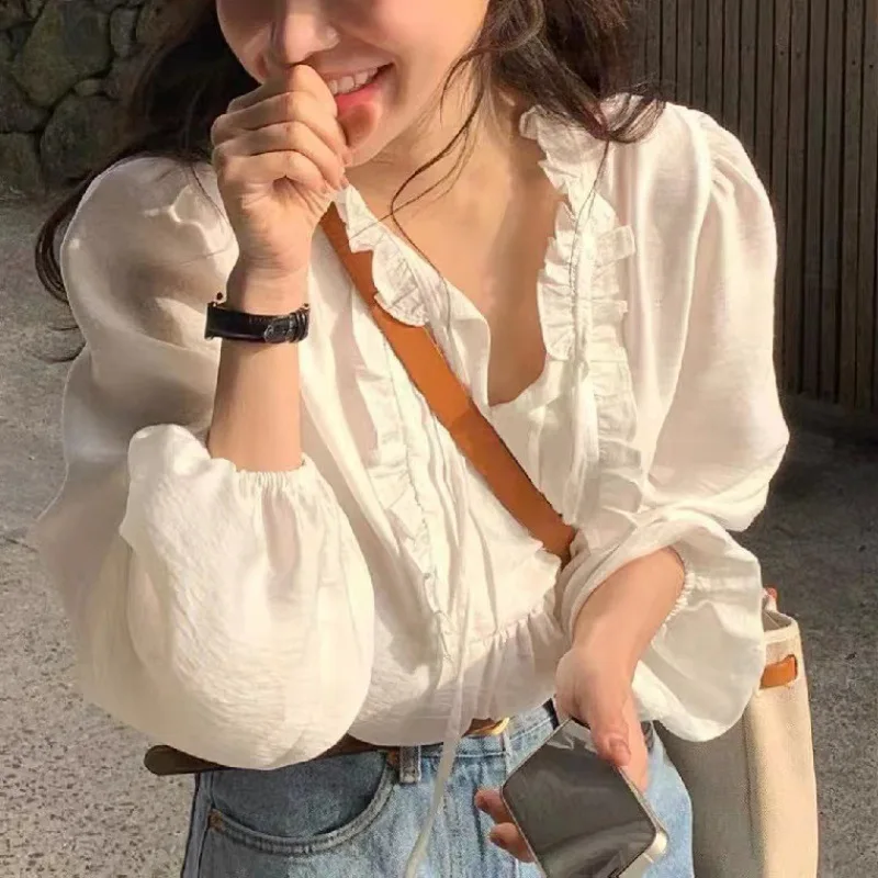 

New 2023 Sweet Chic Shirts Lace Up Korean Fashion Women Blouses Spring Autumn Elegant Minimalist Lady Vintage White Tops Shirts