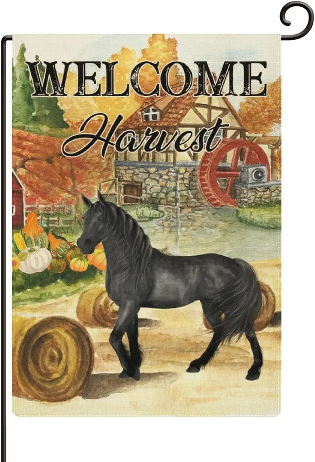 Fall Gold Farm Horse Welcome Outdoor Flag Garden Decor Thanksgiving for Outside Farmhouse 12x18in Burlap Verti