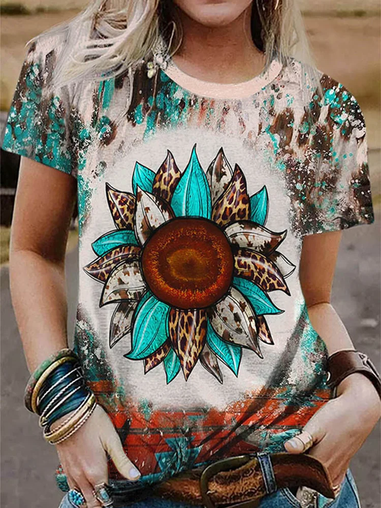 

Turquoise Sunflower T Shirts for Women Cute Graphic Tee Shirts Western Vintage Cow Leopard Bleached T-shirt Funny Tops Summer
