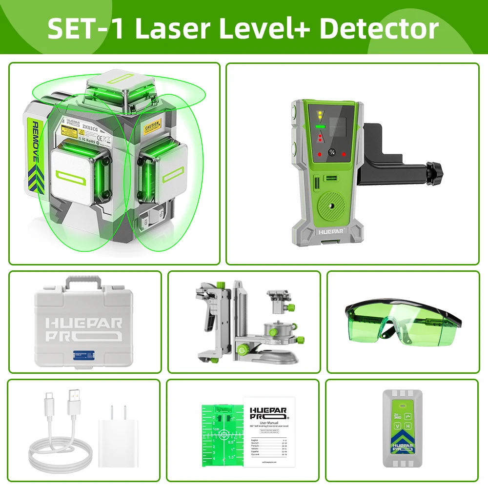 

Huepar Pro 12 линий зеленый лазерный уровень крест самовыравнивающийся ± 2 мм высокая точность с дистанционным детектором штатив для строительства ZK03