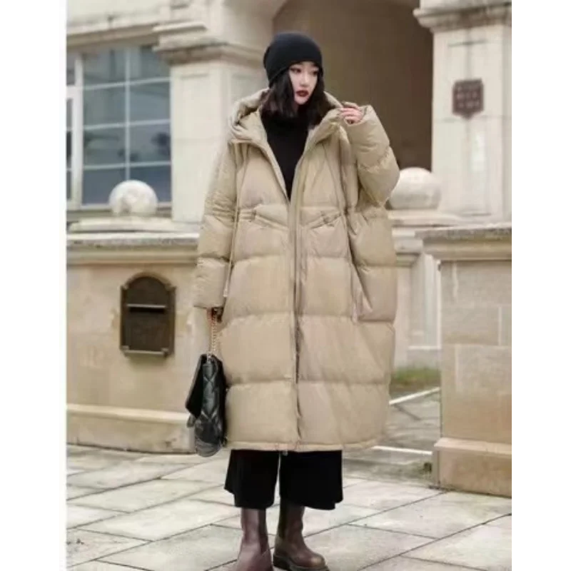 Белая пуховая куртка для женщин Женское пальто с капюшоном длинная секция теплая