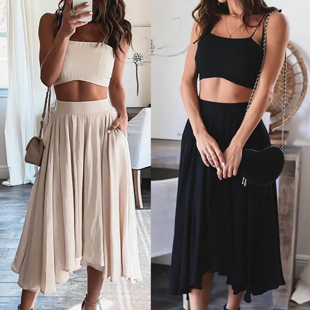 

2Pcs/Set Summer Sling Top Skirt Low Cut Pleated Solid Color Women Outfits High Waist Top Skirt Suit for Daily Life Dropshipping