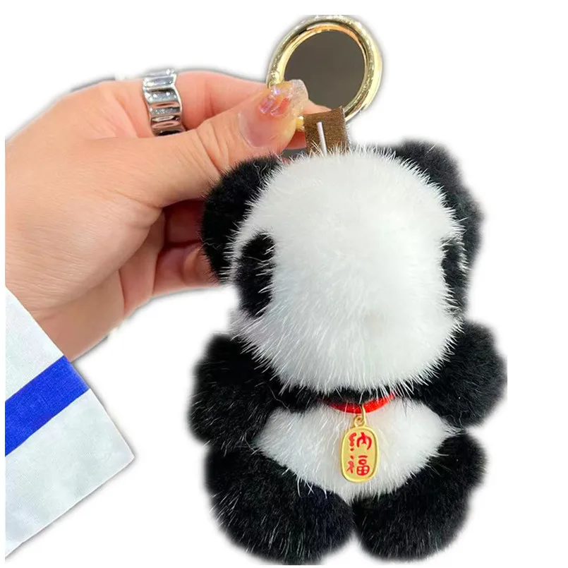 

Cute Girl Fluffy Genuine Mink Fur Ball Pompom Panda Keychain Women Plush Key Ring Car Trinket Jewelry Party Gift