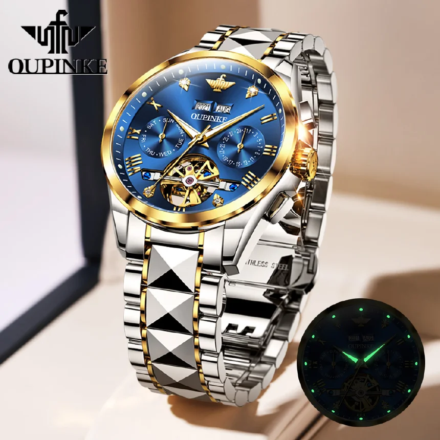 

OUPINKE Automatic Men's Luxury Watch Skeleton Mechanical Diamond Sapphire Crystal Tourbillon Waterproof Original Wristwatch Gift