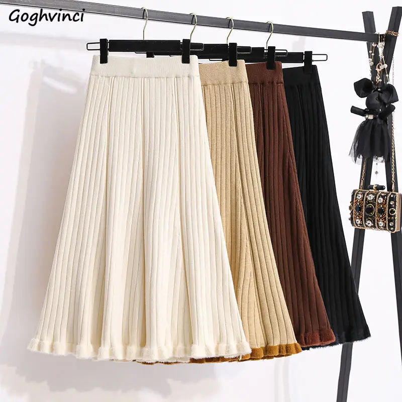 

Autumn Winter Knitting Skirt Women A-line Slim High Waist Midi Faldas Gentle Korean Tassel Skirts Temper All-match Streetwear