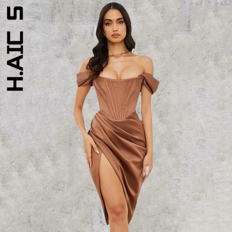

H.Aic S New Dress Women Side High Split Raglan Sleeves Sexy Dress Streetwear Popular Soft Female Vestidos Dresses Woman