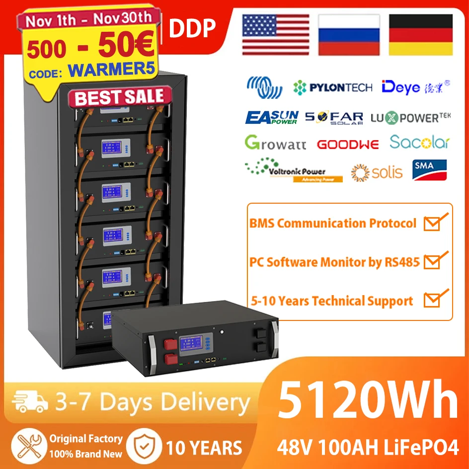 48V LiFePO4 100Ah 200Ah Lithium Battery Pack 51.2V 5120Wh 10240Wh CAN RS485 BUS PC Monitor 6000 Cycles Life 10 Years Warranty