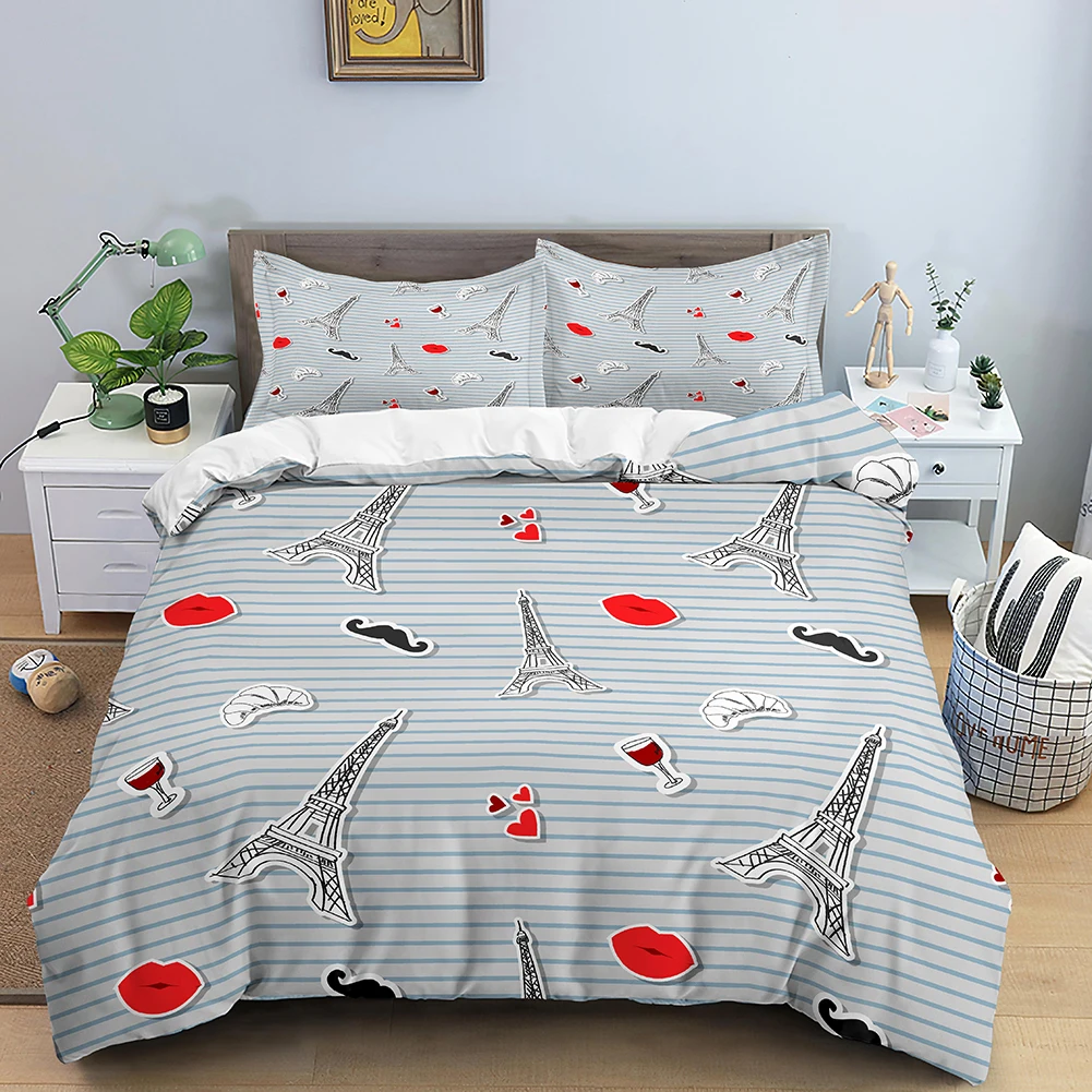 

Set Paris Tower Duvet Cover with Pillowcase Shame Twin Full Kids Comforter Cover Queen King Size Gifts 3D Love Heart Bedding