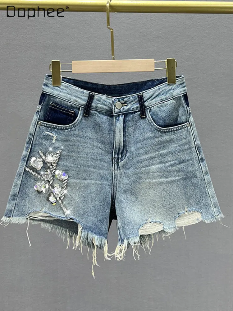 

Women's Bright Silk Sequins Ripped Short Jeans 2023 Summer New Ladies High Waist Slim Crystal-Studded Sequins Denim Short Pants