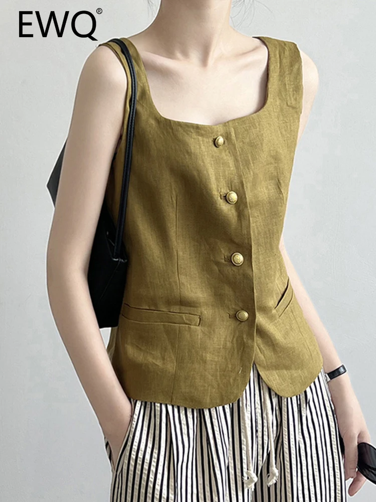

EWQ Vintage Linen Square Collar Vest For Women Solid Single Breasted Sleeveless Korean Style Female Tops 2023 Summer New 26D4984