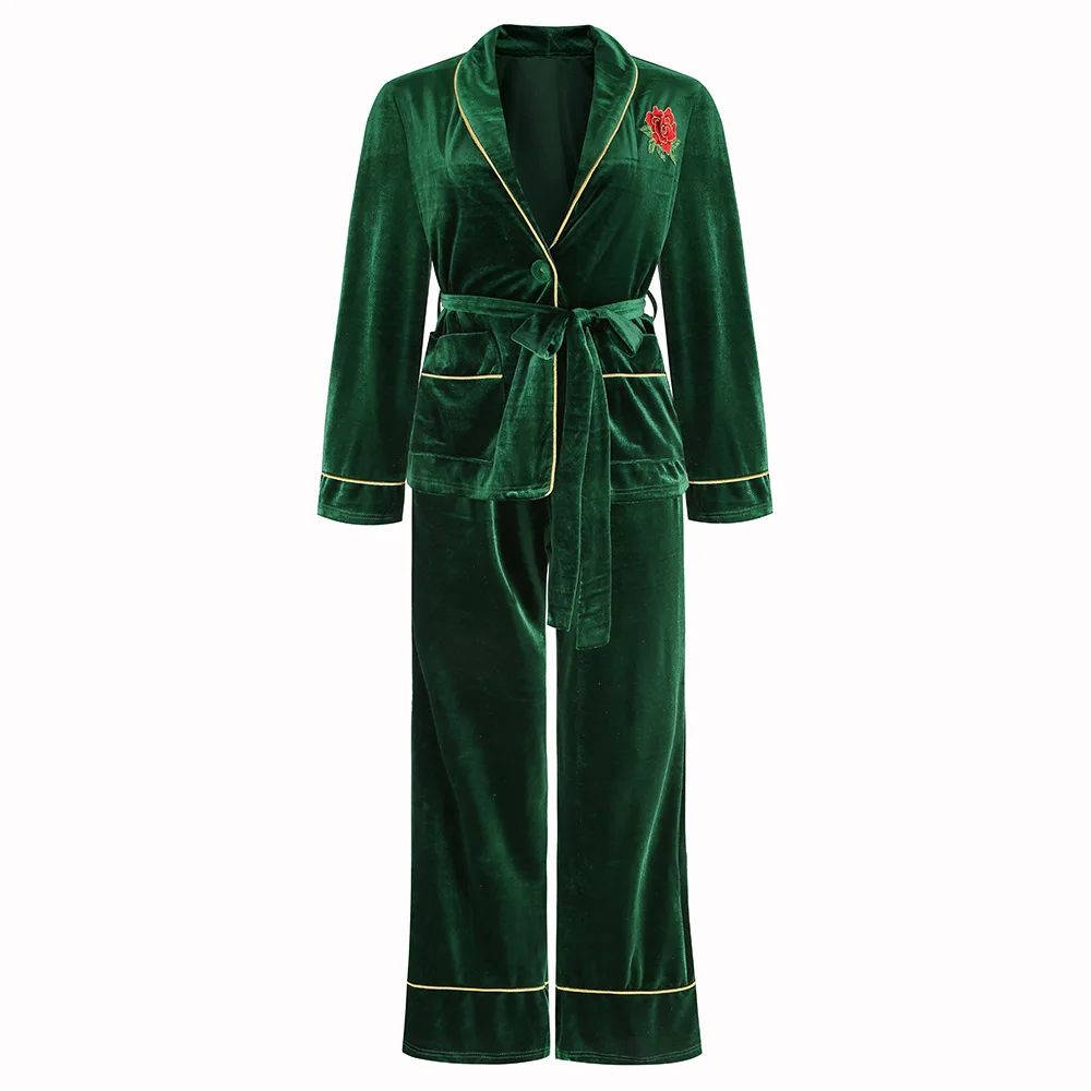 New Winter Fleece Women's Pajamas 2-piece Set Rose Embroidered Home Wear Suit Long-sleeved Cardigan Lace-up Top Trousers