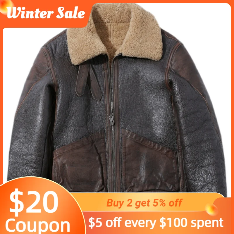 Retro Dark Brown Shearling Jacket Men Military Style Oversize 6XL Natural Thick Sheepskin B3 Bomber Winter Genuine Leather Coats