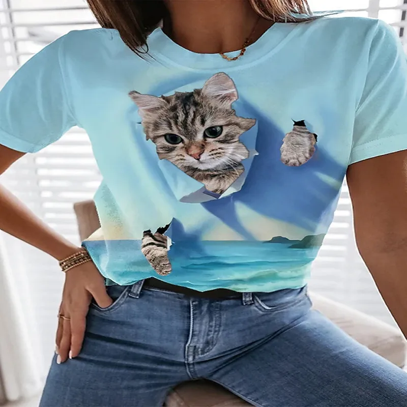 

NOVEDAD DE VERANO 2022, camiseta con cuello redondo, camiseta de manga corta con estampado 3D de gato Harajuku, bonita camiseta
