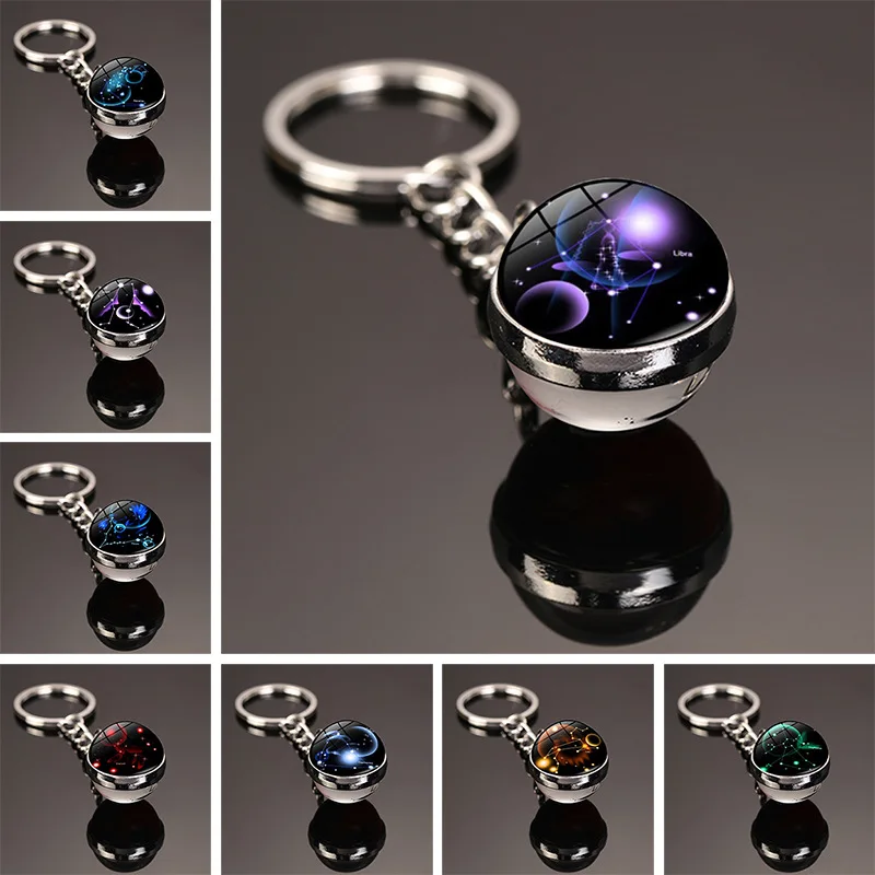 

New 12 Constellation key ring Starry Sky Luminous Keychain Time Stone Glass Ball Key Chain Accessories Pendant Key Chain Gifts